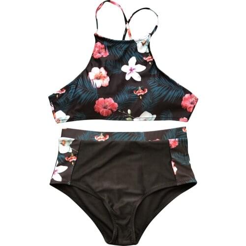 Summer Bikini 2 Pieces Bathing Suit Female Floral Print U-Neck Bikini Tops+ High Waist Panties Support Wholesale
