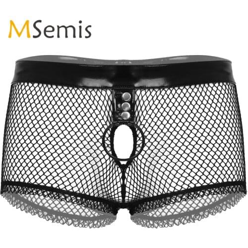 Mens Lingerie See-through Patchwork Underwear Hollow Out Fishnet O Ring Boxer Shorts Patent Leather Waistband Underpants
