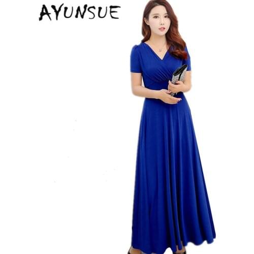 New Slim V-neck Women Summer Dress 2020 Royal Blue Casual Dress Women Maxi Dresses Plus Size Womens Clothing Robe Femme FYY388