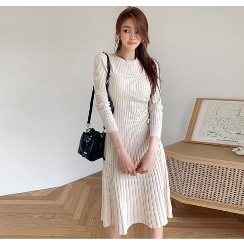 Autumn Elegant Office Vestidos Korean Sexy Slim Knitted Dress Ladies O-neck knitted dress Casual Female White Sweater Dresses