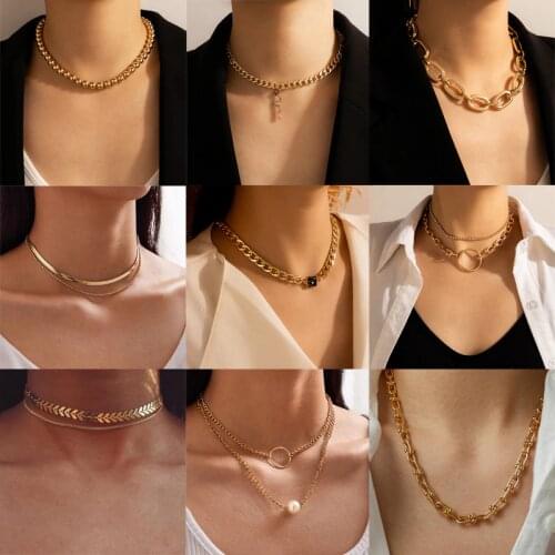 Tocona Punk Choker Necklace Hip Hop Bead Big Chunky Gold Color Thick Clavicle Chain Leaf Geoemtric Jewelry for Women Collar