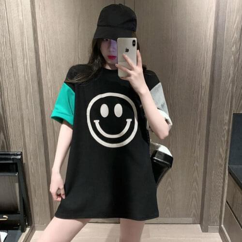 Cute Smile Tshirt Streetwear Fummer Oversized Pathwork T Shirt Women Harajuku Short Sleeves Tops Tee Hip Hop Gothic Tshirt Funny