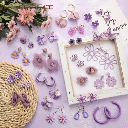 HUISHI Earrings For Women 2020 Acrylic Geometric Hollow Circle Flower Purple Earrings Dangle For Women Fashion Accessories