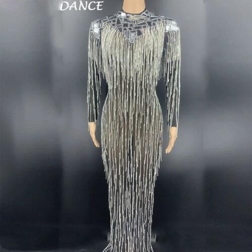 Sexy Nightclub Silver Mirror Rhinestone Fringe Mesh Long Dress Birthday Celebrate Transparent Dress Women Dancer Show Dress