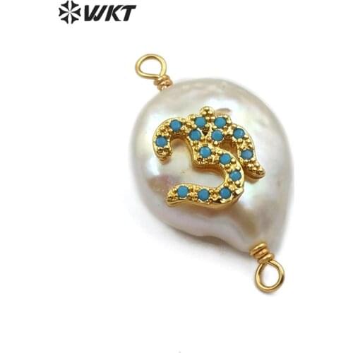 WT-MC277 wholesale colorful CZ pave Connector animal shape double hoops women pearl Connector women Pendant Necklace Jewelry