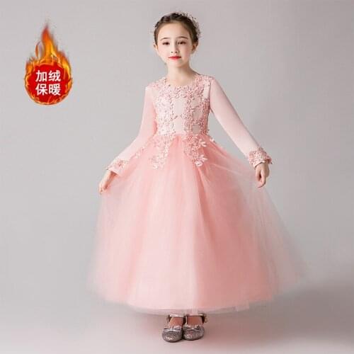4-14Y Winter Fleece Long Sleeve Girls Lace Dress Elegant Princess Gown Kids Dresses for Girls Flower Wedding Party Evening Dress