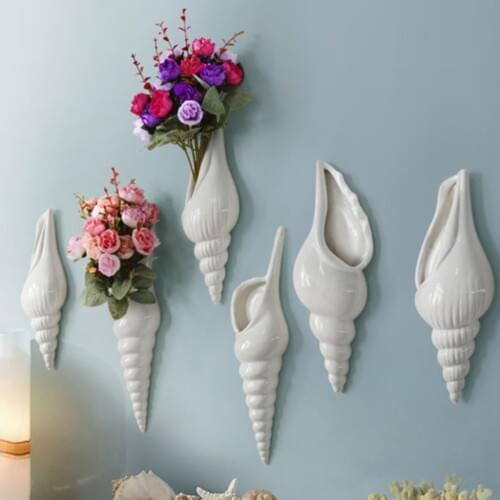 3x Ceramic Shell Conch Flower Vase Wall Hanging Decorative Ornament Craft