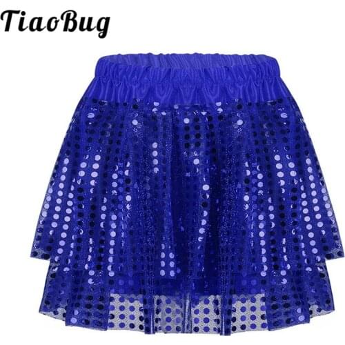 TiaoBug Kids Girls Shiny Sequins Elastic Waistband Latin Jazz Dancing Tiered Tutu Skirt Children Stage Performance Dance Costume