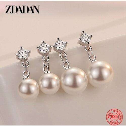 ZDADAN 925 Sterling Silver 8MM 10MM Pearl Long Drop Earrings For Women Fashion Wedding Jewelry