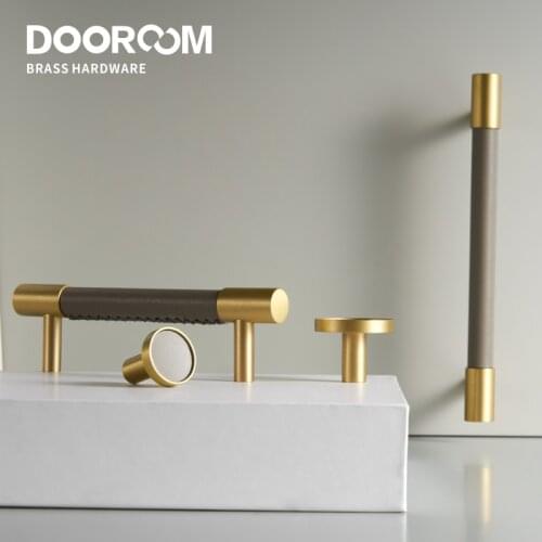 Dooroom Brass Real Leather Furniture Handles Light Luxury Grey Wardrobe Dresser Cupboard Cabinet Drawer Pulls Easy Maintenance
