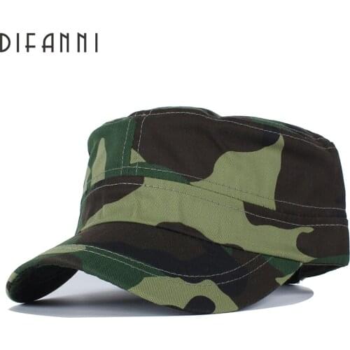 Difanni Brand Military Hats Simple Camouflague Color Spring Mens Flat Top Cap Cotton Plain Army Hat Copper Buckle Snapback