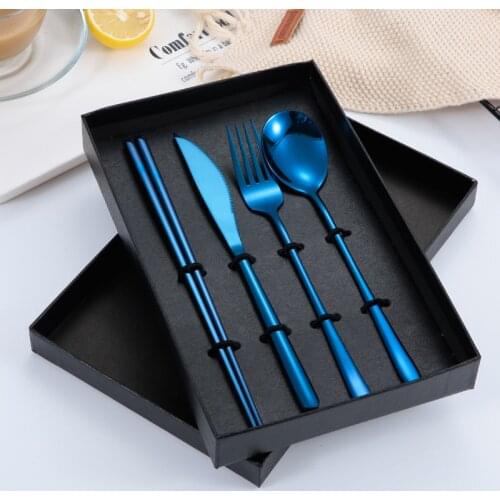Stainless Steel Korean Long Knife and Fork Spoon Suit Four Pieces of Hotel Gift Tableware