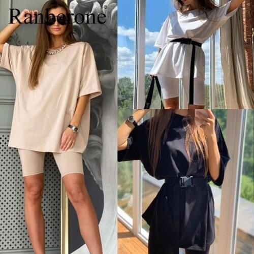 New Suit Women Sport Sexy Summer O Neck Short Sleeve Shirt Tops And Shorts Loose Fitness Suit Two Piece Sets Outfit With Belt