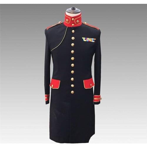 Mens Slim Suit Mens Cid-long Black Coat Windbreaker Court Style Jacket Single Breasted Army Uniform for Stage Plus Size