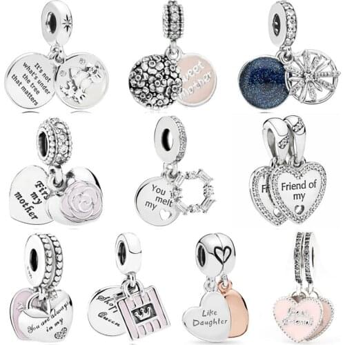 Original Shopping Queen Mother & Daughter Hearts Ice Carving Pendant Bead Fit Europe Bracelet 925 Sterling Silver Charm Jewelry