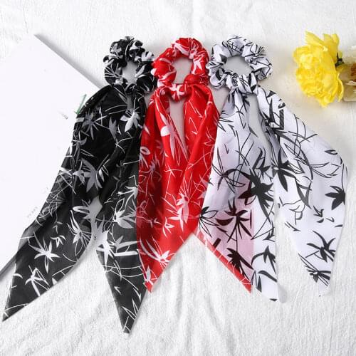 Chinese Style Print Scrunchies Bow Long Ribbon Ponytail Scarf Women Girls Elastic Hair Bands Fashion Hair Tie Hair Accessories