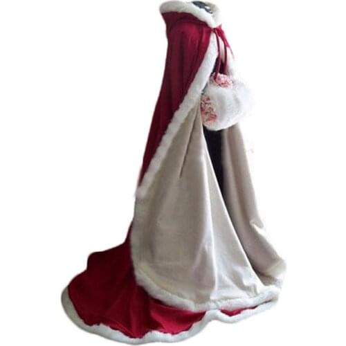 Christmas Wine Bridal Cape Wrap Winter Wedding Cloaks Hooded Party Wraps Faux Fur Shawl