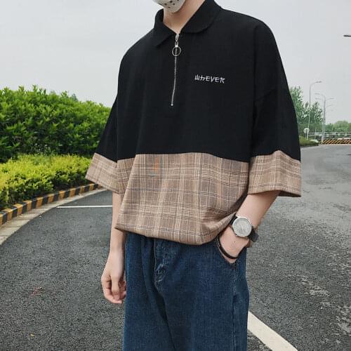 Mens Business Casual Shirt Korean Fashion Loose Harajuku Street Three-color Stitching Short-sleeved Shirt Zipper Neckline Shirt