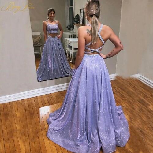 2 Piece Glitter Prom Dresses Purple Sleeveless Spaghetti Strap Cross Strap Back Long Formal Evening Party Gowns Robe De Soiree