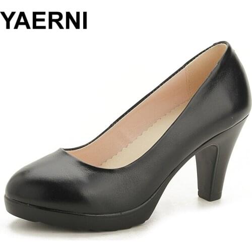 YAERNI 2019 Spring Autumn Pointed Toe Women Pumps Classic Black Genuine Leather Shoes Women High Heels Ladies Office Shoes