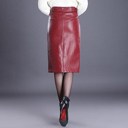 Women Red Black Mid Long Skirt Autumn Winter High Waist PU Leather Skirt Plus Size M-4XL Belt Ladies Slim Pencil Skirt Clothing