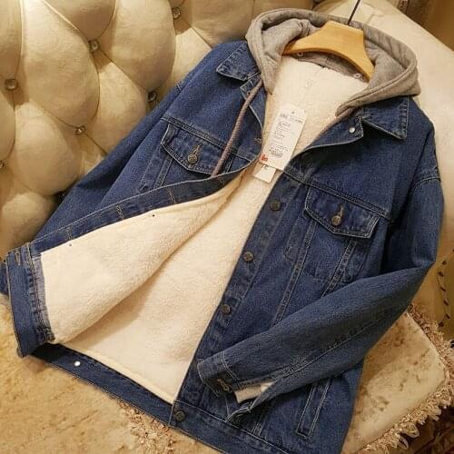 2021 Autumn Plus Velvet Thicken Faux Lamb Wool Denim Jacket Women Loose Casual Couple Winter Jackets Hooded Cotton Jacket e255