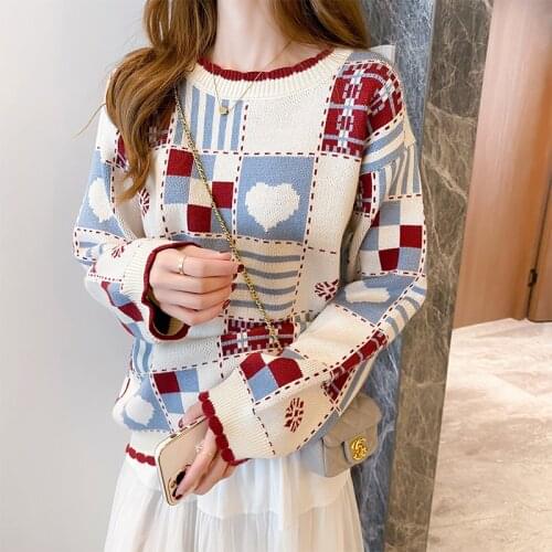 Women Knitted Sweater Plaid Color Block Casual Pullovers Sueter Mujer New Winter Loose Sweaters Female Street Style Knitwear Top