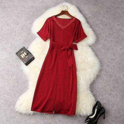 European and American womens wear for summer 2021 Short sleeve staple drill V-neck lace-up Fashion dress with slit