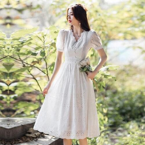 2021 Spring And Summer Womens New Style V-Neck White Black Lace French Elegant And Thin Mid-Length Ladies Dress