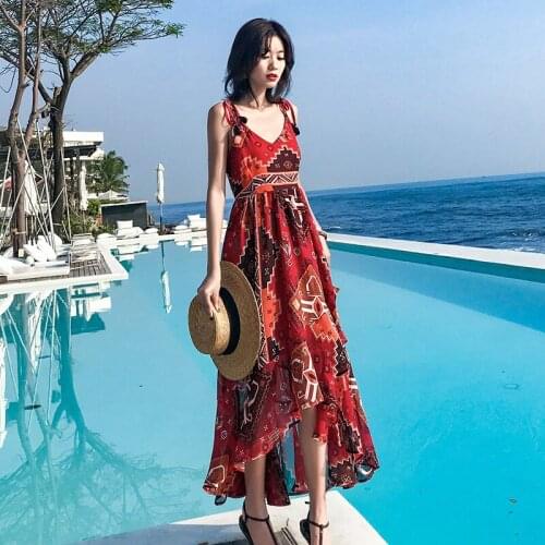 Chiffon Bohemian Ethnic Style V Neck Summer Dress Women 2020 New Sleeveless Print Sling Long Beach Dresses Female