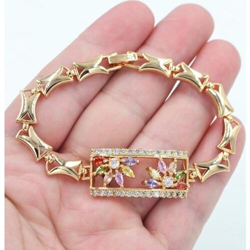 Gold Color AAA+ Cubic Zirconia Fashion Women Multicolor Geometric Square CZ Flower Charm Bracelet Jewelry