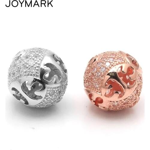 JOYMARK 12mm Solid 925 Sterling Silver Cubic Zircon Pave Round Beads With Classic Antique Pattern Jewelry Accessory SB-CZ620