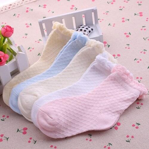 5 Pairs/Lot Mesh Thin Girls Socks For Children Kids New Summer Baby Cotton Soild Candy Colors Lace Ruffle Short Girl Sock Set