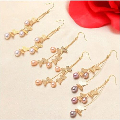 Butterfly Real Freshwater 6-7MM Pearl Earrings Gold Plated Drop Earrings Nice Party Wedding Women Women Gift 10 pairs/lot
