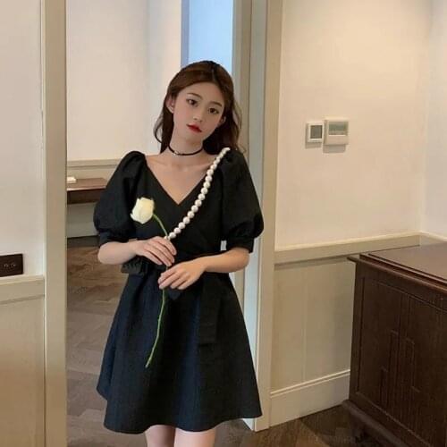 V-Neck One Piece Dress Korean Elegant Vintage Mini Dress Women Short Sleeve Kawaii Sweet Fairty Party Dress Female 2021 Summer