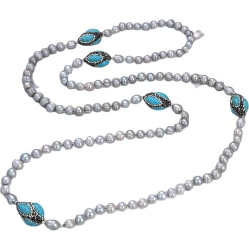 JK 55'' Grey Pearl Blue Turquoises Stone Long Necklace For Women