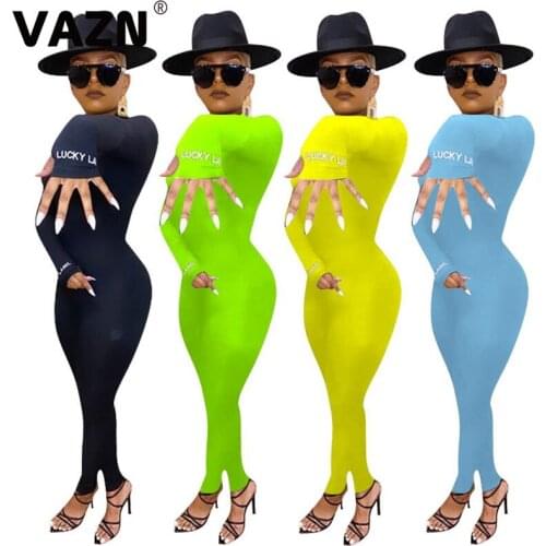 VAZN Hot Sale Women Girl fluorescent Full Sleeve Turtleneck Casual Jumpsuits Striped Romper Jumpsuit
