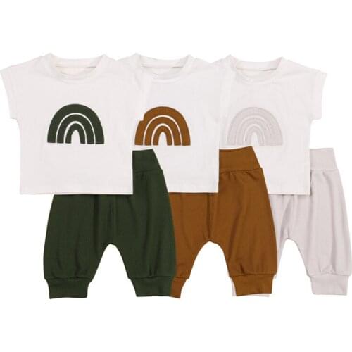 2Pcs Summer Girls Boys Outfit Toddlers Rainbow Embroidery Short Sleeve Round Collar Tops + Solid Color Long Pants