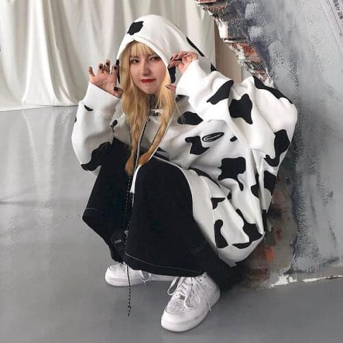 Cow pattern Tops Autumn winter Korean loose mid-length Harajuku Hooded T-shirt female thickening velvet ins student couple wear