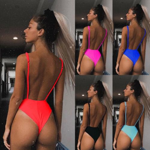 Summer One Piece Womens Bikini Push up Padded Bra Ladies Solid Color Sexy Sleeveless Backless Swimsuit Swimwear Beachwear
