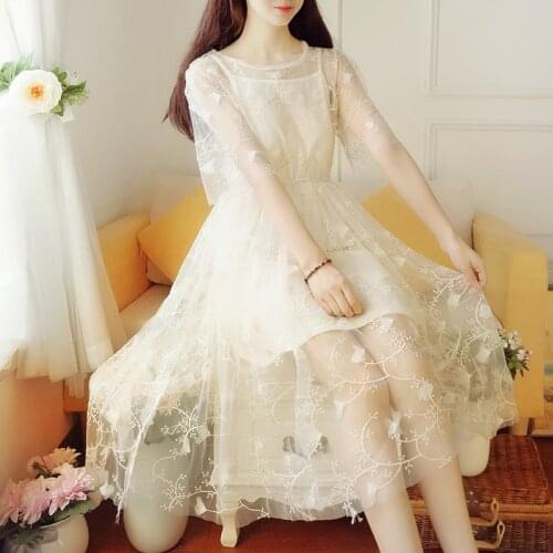 Summer Knee-length A-line Half Sleeve Floral Lace O-neck Two-piece Elegant Simple Beige Yellow Purple Gray Cocktail Dresses 1837