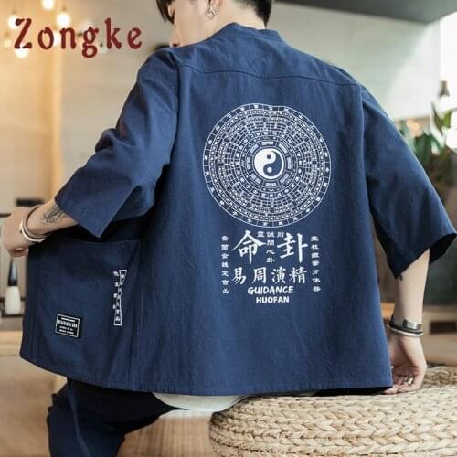 Zongke Linen Chinese Style Kimono Men Japanese Kimono Cardigan Harajuku Kimono Shirt Men Streetwear Hawaiian Shirt Men 5XL 2021
