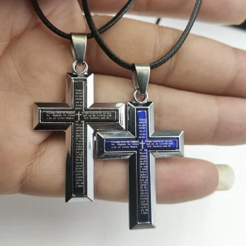 Fashion Catholic Christian Prayer Bible Text Cross Pendant Religious Titanium Steel Mens Necklace Pendant Wholesale