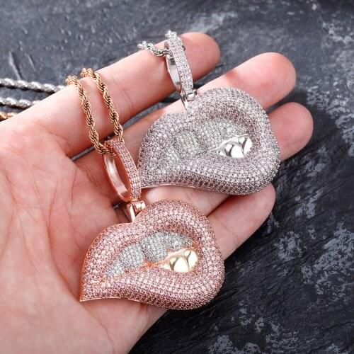 Two-color Micro Pave Pink and Purple Cubic Zirconia Drip Lips Pendant Necklace Iced Out CZ Jewelry Gift For Women