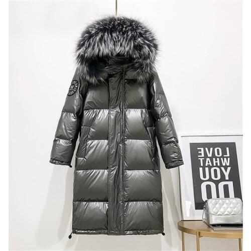White duck women winter hooded coat, long down jacket, large raccoon fur collar, warm jacket piumino Donna