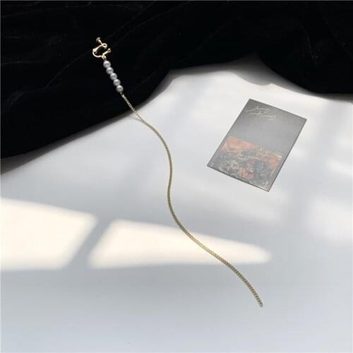 Han Edition Contracted Ear Clip Metal Long Tassels Personality Pearl Punk Women Jewelry For Party Gift Dangle Stud Earrings