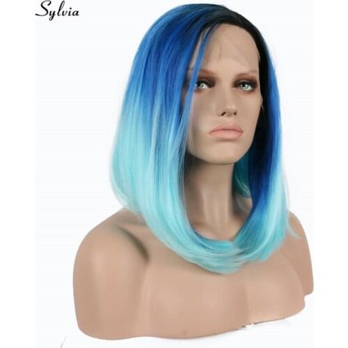 Sylvia Silky Straight Short Bob Style Heat Resistant Blue Three ToneOmbre Color Dark Roots Synthetic Lace Front Lob Hair Cosplay