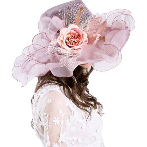 Women Mesh Veil Church Sun Hat Ruffles Artificial Flower Feather Large Wide Brim Tea Party Wedding Fascinator Cap