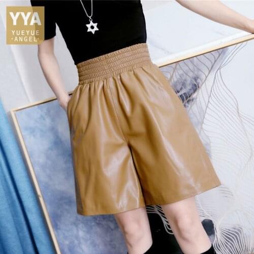 High Waist Wide Leg Shorts Women Sheepskin Genuine Leather Casual Trousers Spring Female Loose Fit Elastic Waist Bikers Shorts