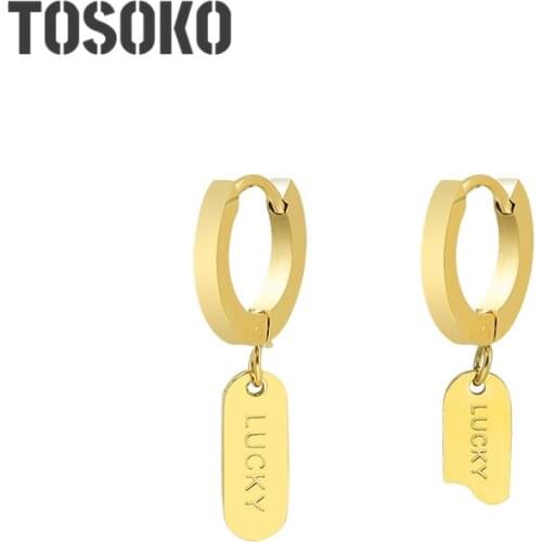 TOSOKO Stainless Steel Jewelry Lucky Square Asymmetric Earrings Womens Fashion Earrings BSF394